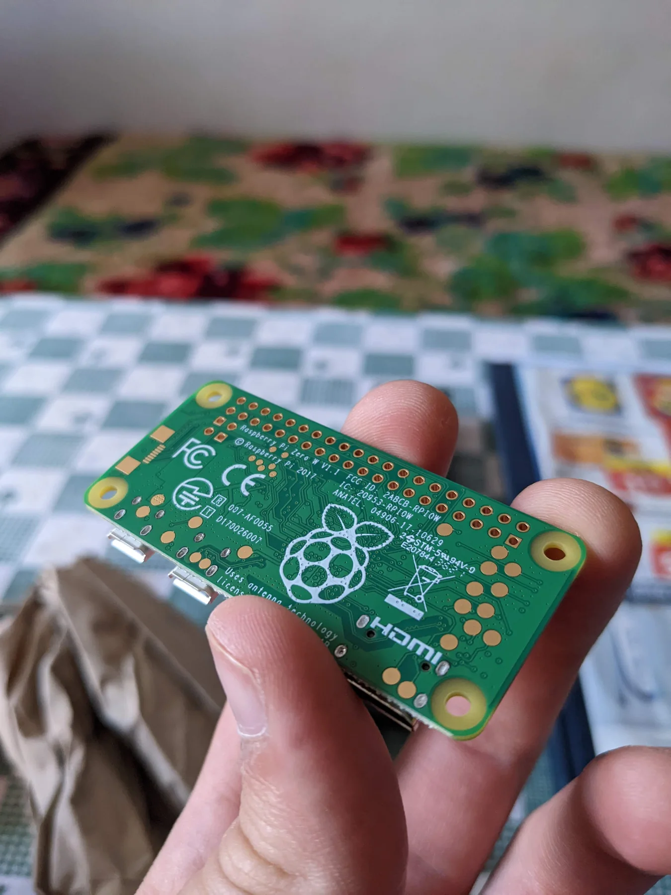 Back of the Raspberry Pi Zero showing empty GPIO header holes